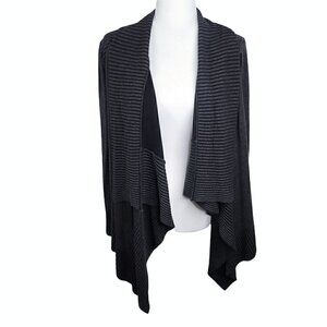 Women's Charcoal Gray Ribbed Open Front Lapel Collar Drape Cardigan Sweater